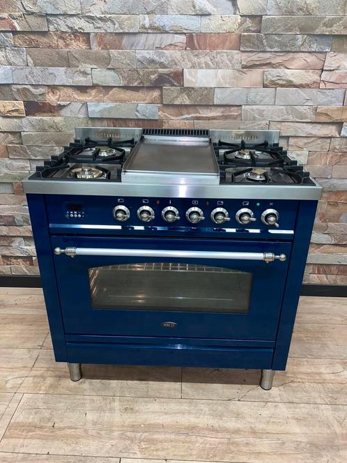 Luxe konings blauwe Boretti Fornuis met Frytop 90 cm, Electroménager, Cuisinières, Comme neuf, Autoportant, 5 zones de cuisson ou plus
