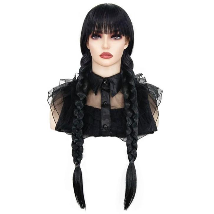 Luxe Wednesday Addams zwarte pruik met vlechten en pony, Handtassen en Accessoires, Uiterlijk | Haarverzorging, Nieuw, Pruik of Haarverlenging