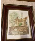 Mooie genummerde tekening paardenbrug Brugge, Antiek en Kunst, Kunst | Etsen en Gravures, Ophalen