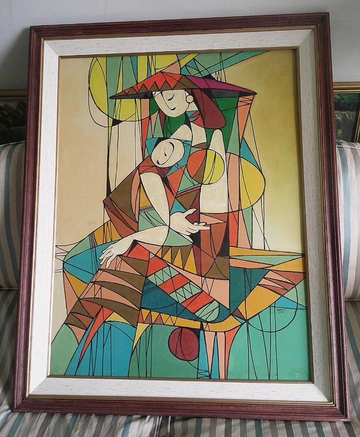 Artistiek - Moeder en Kind 1990 - Gianto (Indonesië), Antiek en Kunst, Kunst | Schilderijen | Klassiek, Ophalen