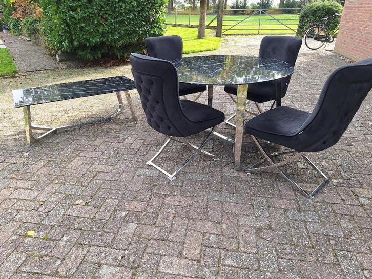 Gave eetkamerset, tafel, eetstoelen salontafel marmer look, Huis en Inrichting, Complete eetkamers, Gebruikt, 4 tot 6 stoelen