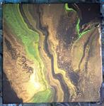 Abstract modern acryl canvas - 60*60cm - zwart/groen/goud, Ophalen of Verzenden