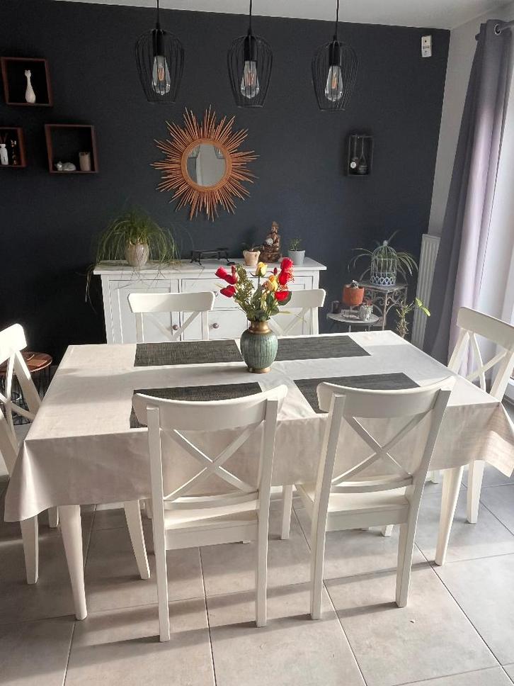 Table et 6 chaises de Living IKEA ROSENTORP, Maison & Meubles, Chaises, Utilisé, Cinq, Six Chaises ou plus, Bois, Blanc, Enlèvement