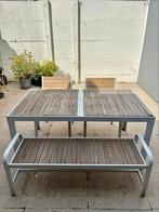 Tuintafel met stoelen en bank, Tuin en Terras, Tuintafels, Ophalen, Gebruikt, Rechthoekig, Hout