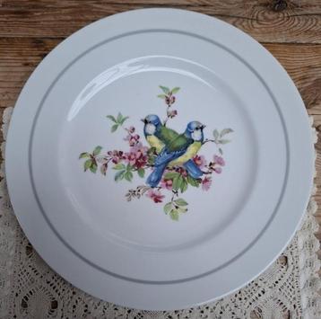 Vintage wandbord pimpelmezen, vogels en roze bloesem beschikbaar voor biedingen