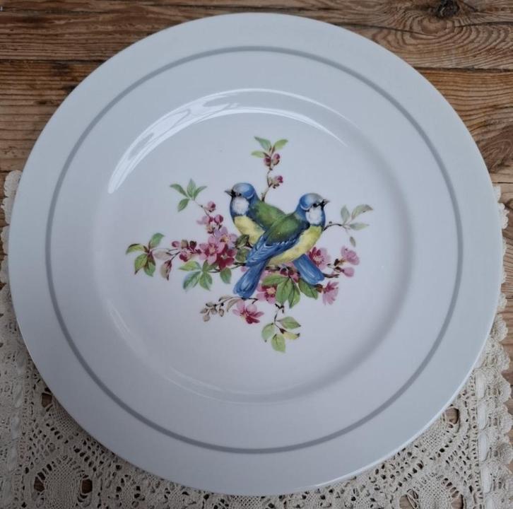 Vintage wandbord pimpelmezen, vogels en roze bloesem, Verzamelen, Dierenverzamelingen, Zo goed als nieuw, Opgezet dier, Vogel