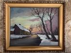 Schilderij, boerderij in sneeuw. Onleesbare handtekening, Antiek en Kunst, Ophalen of Verzenden
