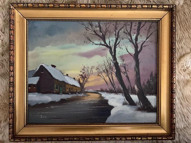 Schilderij, boerderij in sneeuw. Onleesbare handtekening, Antiek en Kunst, Kunst | Schilderijen | Klassiek, Ophalen of Verzenden