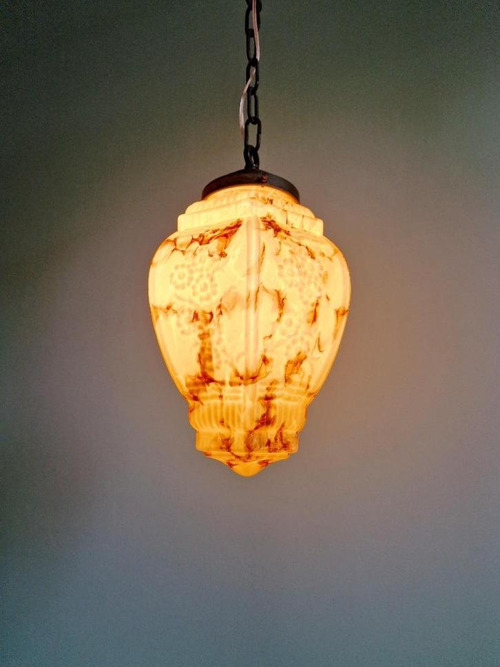 Art Deco hanglamp in gemarmerd opaline, jaren 1920-30, Antiek en Kunst, Antiek | Verlichting, Ophalen of Verzenden