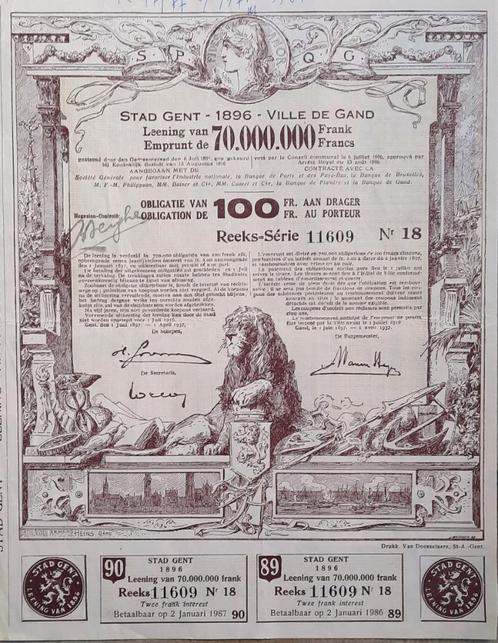 Stad Gent - 1896 !! - obligatie van 100fr - reeks 11609, Postzegels en Munten, Aandelen en Waardepapieren, Aandeel, Voor 1920