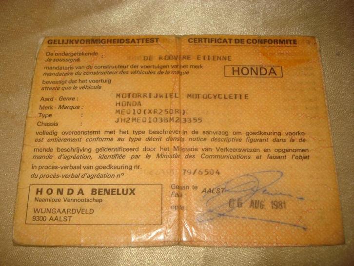 Ancien Certificat Conformité Moto Honda XR-250 R 1981, Motoren, Handleidingen en Instructieboekjes, Honda, Ophalen of Verzenden
