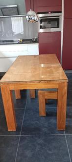 Teak tafel en krukjes, Huis en Inrichting, Tafels | Eettafels, Ophalen, Gebruikt, Glas, Vier personen