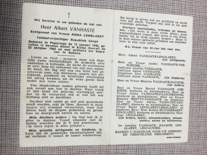 Soldaat A.Vanhaste Poperinge gesneuveld Congo 1965, Verzamelen, Bidprentjes en Rouwkaarten, Bidprentje, Ophalen