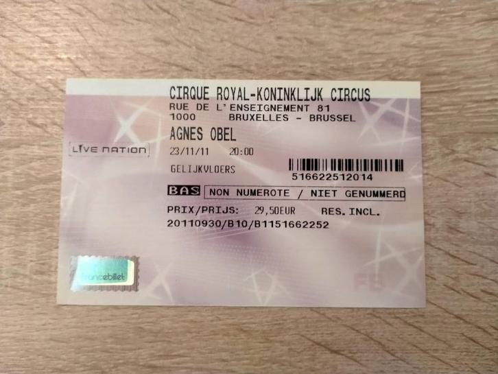 Agnes Obel Cirque Royal concertticket 23 november 2011, Verzamelen, Muziek, Artiesten en Beroemdheden, Gebruikt, Overige typen
