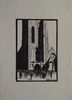 Monogram C.V.P. houtsnede "Uitgaande Kerk", Antiek en Kunst, Kunst | Etsen en Gravures, Ophalen