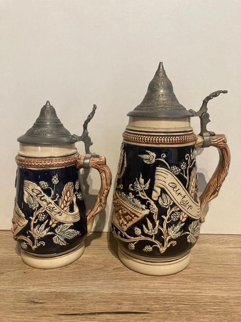 2 antieke Duitse zandstenen bierpullen, Antiek en Kunst, Antiek | Keramiek en Aardewerk, Ophalen of Verzenden