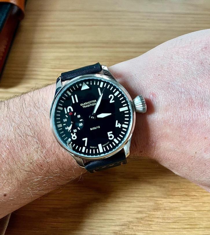 Glashutter Tradition Aviator Full Sett NOS avec ses papiers, Handtassen en Accessoires, Horloges | Heren, Zo goed als nieuw, Polshorloge