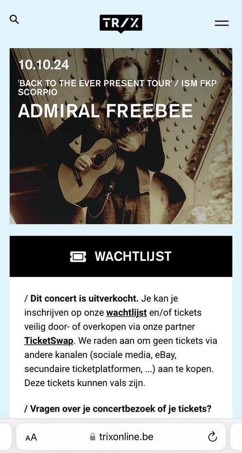 2 x ticket Admiral Freebee in Trix Antwerpen, Tickets & Billets, Concerts | Rock & Metal