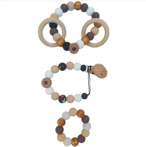 Baby geschenkset speenkoord-rammelaar-bijtring bruin bloemet, Kinderen en Baby's, Kraamcadeaus en Geboorteborden, Nieuw, Kraamcadeau