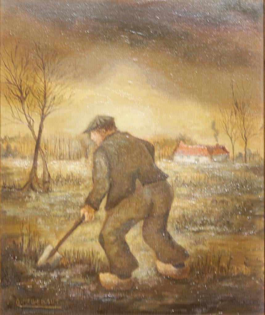 Arthur Hellebaut (1927): Spittende boer (O/D, 55 x 65 cm), Antiek en Kunst, Ophalen of Verzenden