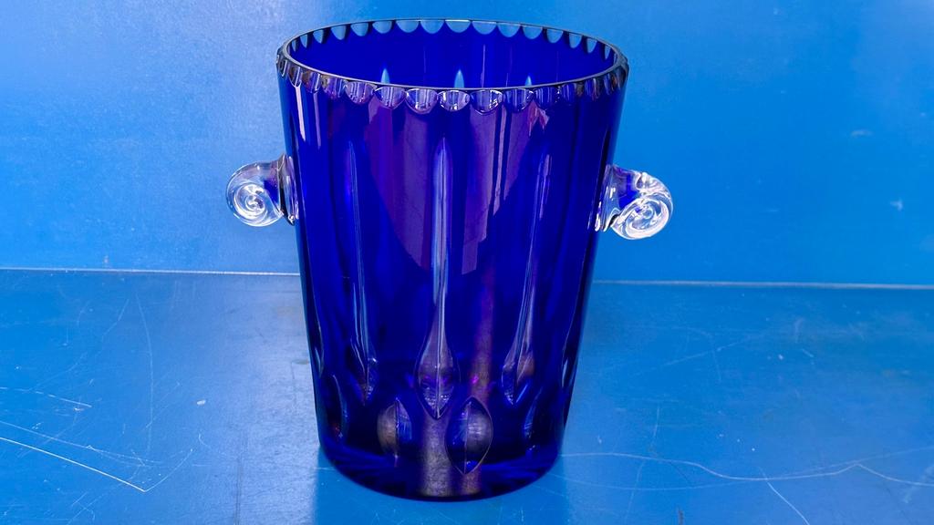 Vintage blauwe glazen ijsemmer / wijnkoeler, Huis en Inrichting, Ophalen, Gebruikt