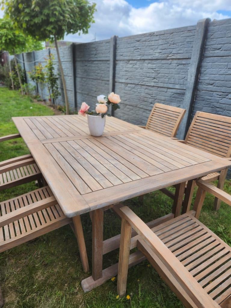 Teak tuinset uitschuifbare tafel en 5 stoelen, Jardin & Terrasse, Ensembles de jardin, Enlèvement, Salons de jardin