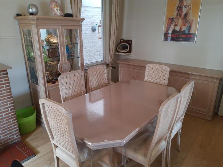 Vintage Eetplaats en tv kast in originele Ceruse (cérusé), Maison & Meubles, Salles à manger complètes, Utilisé, 4 à 6 chaises