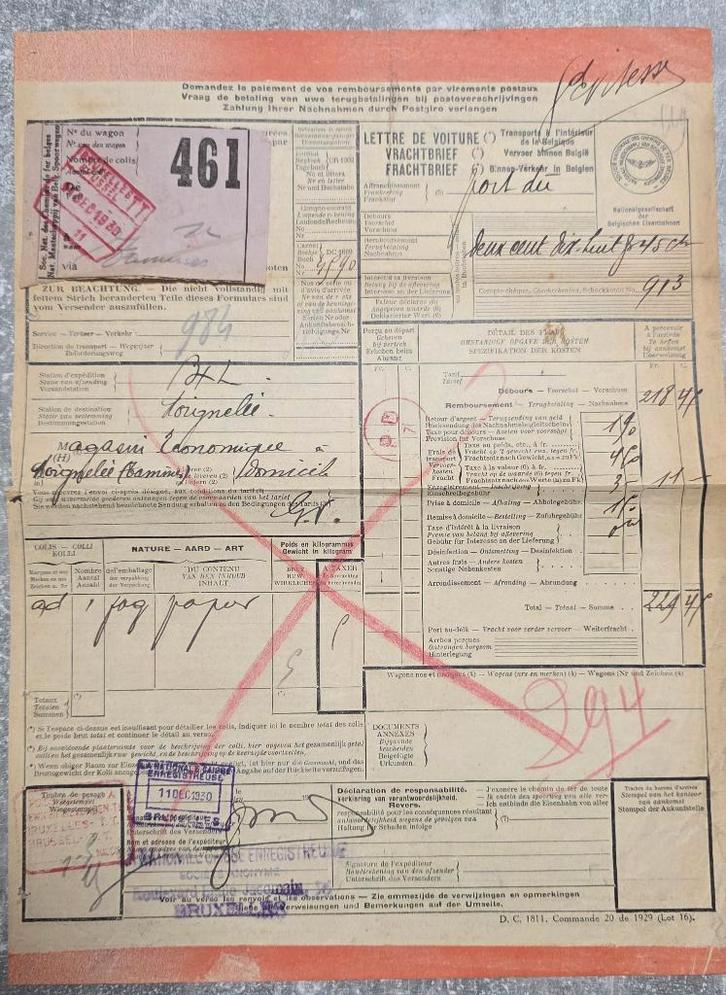 Vrachtbrief+1930+Bruxelles TT+NMBS, Postzegels en Munten, Postzegels | Europa | België, Postfris, Overig, Treinen, Ophalen