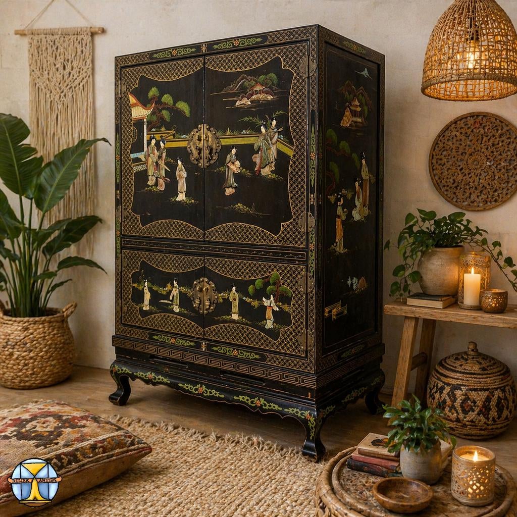 Armoire chinoise noire vintage avec scènes peintes à la main, Maison & Meubles, Armoires | Autre, Utilisé, Enlèvement ou Envoi