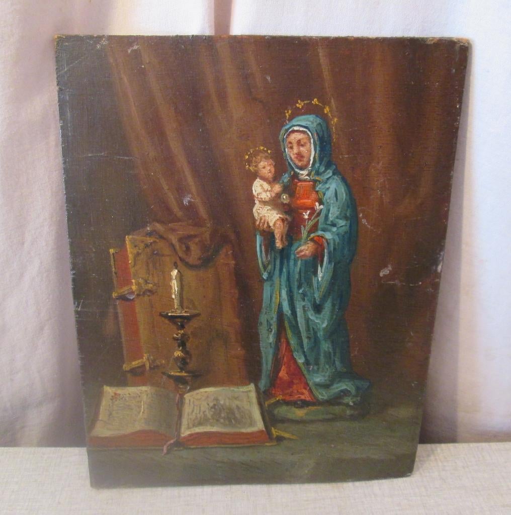 Mooi Oud Geschilderd Werk 'Beeld Maria en Jezus' - 26x20, Antiek en Kunst, Ophalen of Verzenden