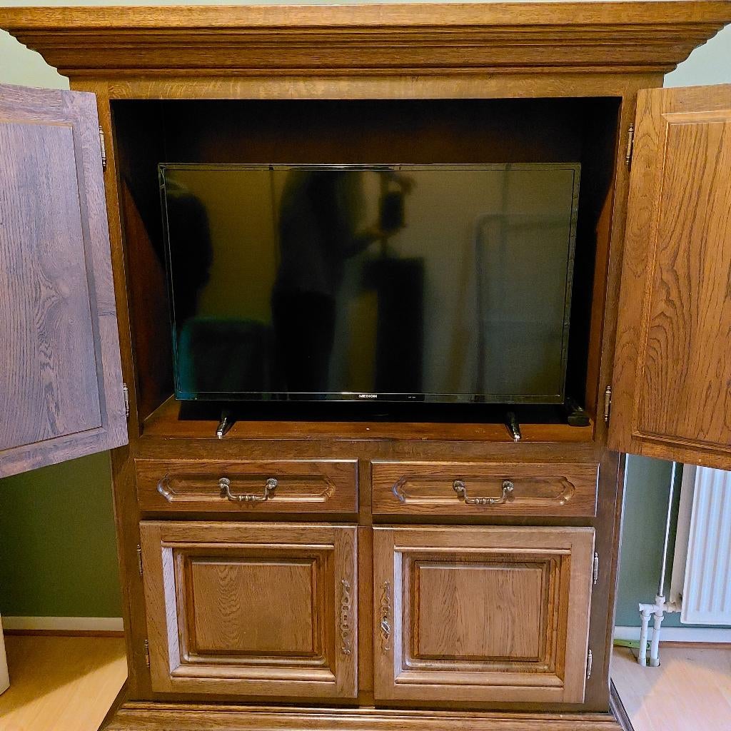 Mooie stijlvolle eiken Tv/barkast + hoge dressoir, Ophalen, Gebruikt, Eikenhout, 3 of 4 laden