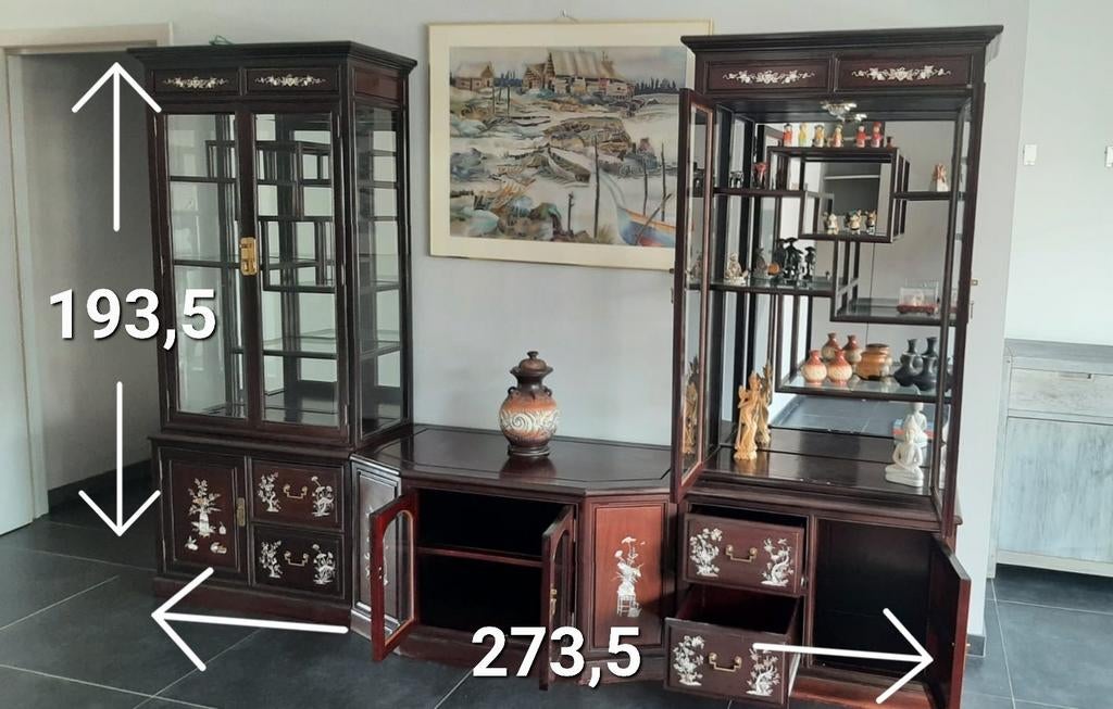 Vitrine chinoise 5 pièces. B:273,5: H:193,5, D:61, Avec tablette(s), Traditioneel Chinees, 150 à 200 cm, Utilisé