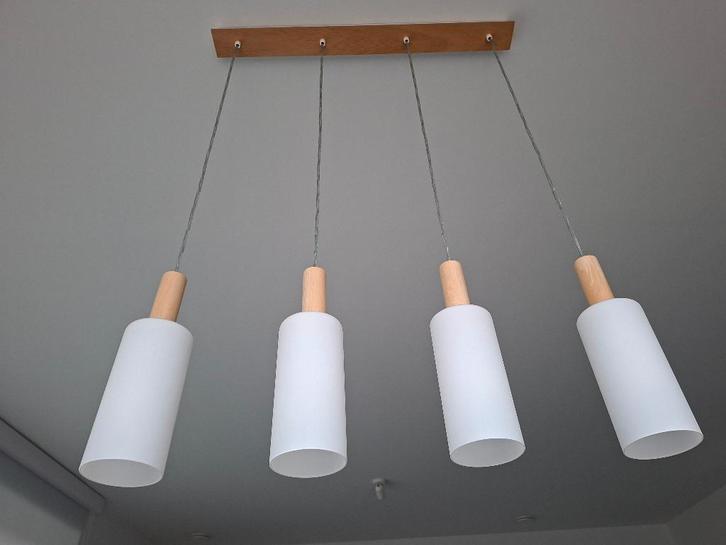 4-DELIGE HANG- PLAFONDLAMP, Maison & Meubles, Lampes | Plafonniers, Comme neuf, Verre, Bois, Métal, Enlèvement