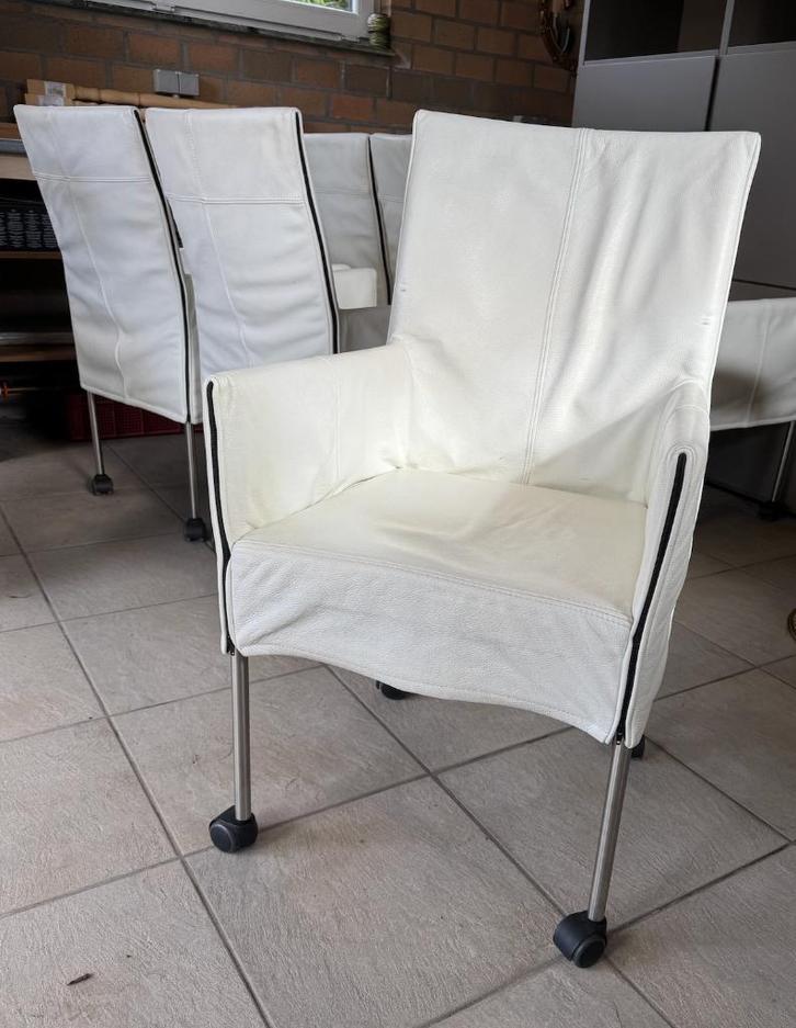 8x Wit lederen design stoelen (np. €500/stuk), Huis en Inrichting, Stoelen, Gebruikt, Vijf, Zes of meer stoelen, Leer, Metaal