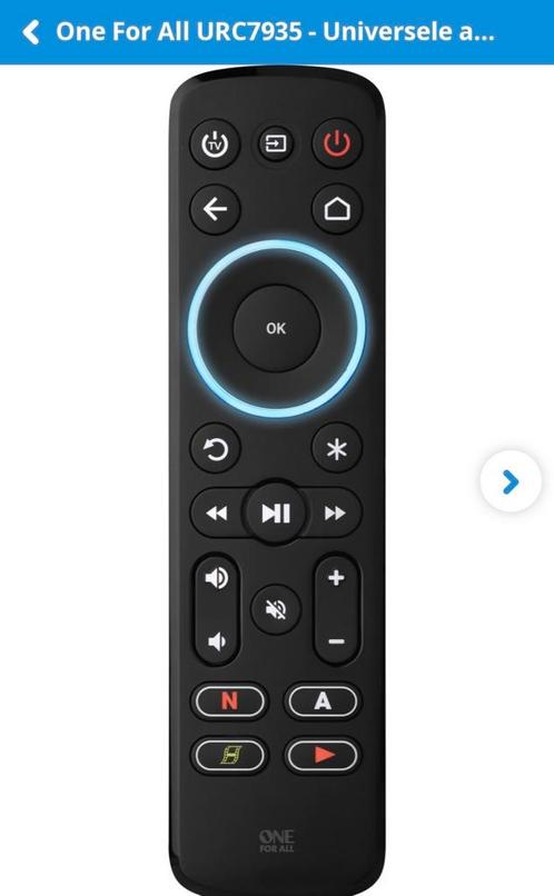 Universele Afstandsbediening One For All Streamer Urc7935, Audio, Tv en Foto, Afstandsbedieningen, Zo goed als nieuw, Universeel