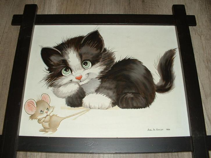 schilderijen met poesje op doek met kader, Antiek en Kunst, Kunst | Schilderijen | Klassiek, Ophalen of Verzenden