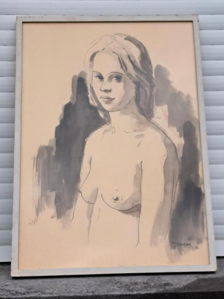 lavis femme signe vic van berckelaer 72, Antiek en Kunst, Kunst | Schilderijen | Klassiek, Ophalen of Verzenden