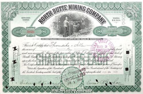 North Butte Mining Company 1908, Postzegels en Munten, Aandelen en Waardepapieren, Certificaat van aandeel, Voor 1920, Ophalen of Verzenden