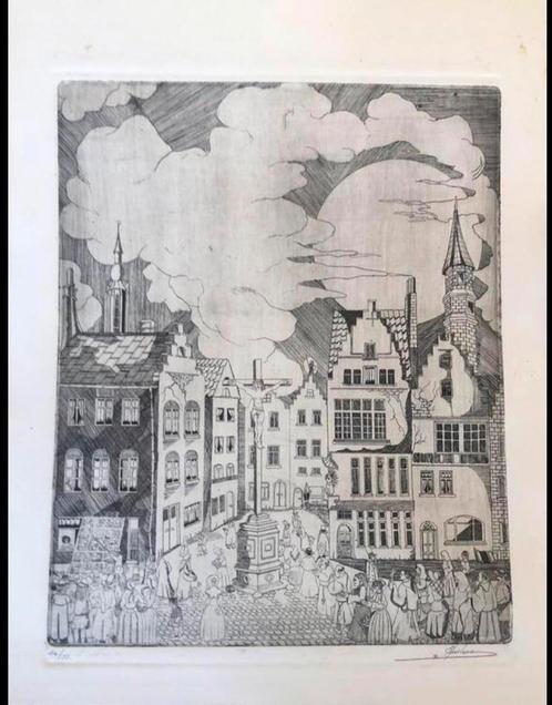 De plezante stad (Antwerpen), 2 etsen, Ausloos, 1977, Antiek en Kunst, Kunst | Etsen en Gravures, Ophalen of Verzenden
