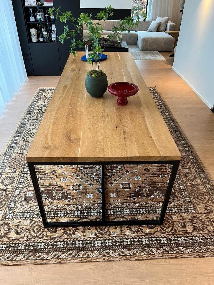 Prachtige grote eetkamertafel in eik & zwart staal, Maison & Meubles, Tables | Tables à manger, Comme neuf, 50 à 100 cm, 200 cm ou plus