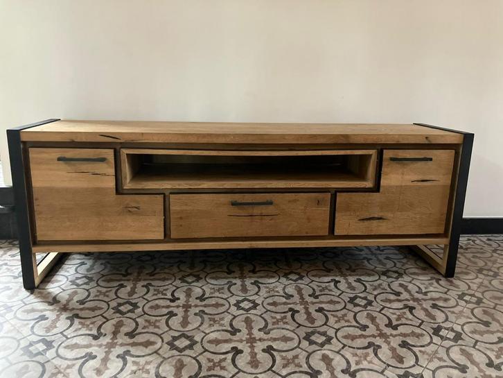 Meuble TV H&H, bois massif et acier, industriel (170 cm), Maison & Meubles, Armoires | Mobilier de télévision, Comme neuf, Moins de 100 cm