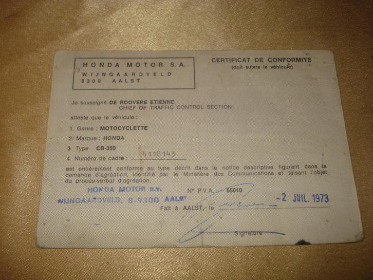 Ancien Certificat Conformité Moto Honda CB-350 1973, Motoren, Handleidingen en Instructieboekjes, Honda, Ophalen of Verzenden