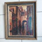 Schilderij in olieverf, stadszicht, Antiek en Kunst, Ophalen of Verzenden