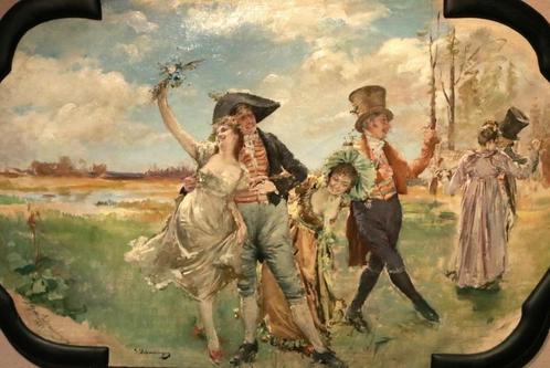 Een vrolijke wandeling in olieverf op canvas, Antiek en Kunst, Kunst | Schilderijen | Klassiek, Ophalen of Verzenden