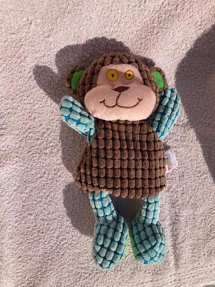 Aap handpop bruin, blauw Funky, Kinderen en Baby's, Speelgoed | Knuffels en Pluche, Zo goed als nieuw, Overige typen, Ophalen of Verzenden