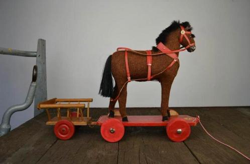 Antiek speelgoed trekpaard + kar, 1930s, Duitsland, Antiquités & Art, Antiquités | Jouets, Enlèvement ou Envoi