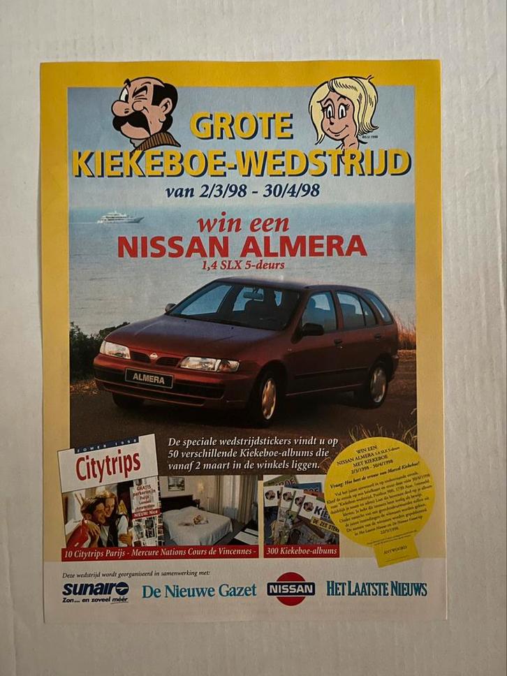 Kiekeboe folder nissan wedstrijd 1998 Nieuwstaat, Verzamelen, Stripfiguren, Ophalen of Verzenden