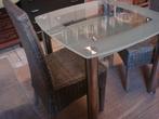 design glazen tafel met chroom en 4 stoelen, Huis en Inrichting, Ophalen, Gebruikt, 50 tot 100 cm, Glas