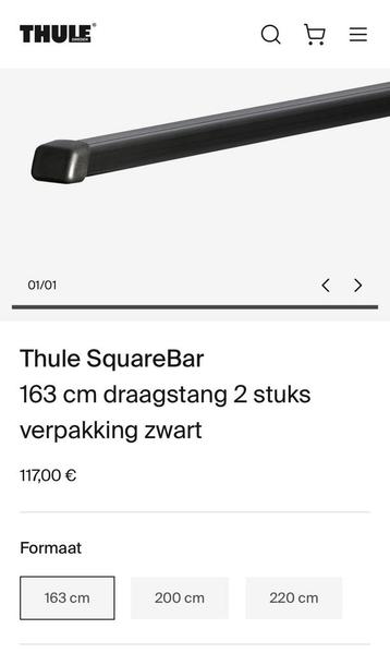 Thule Sauarebar 163cm voor brede wagens of camionnette. 