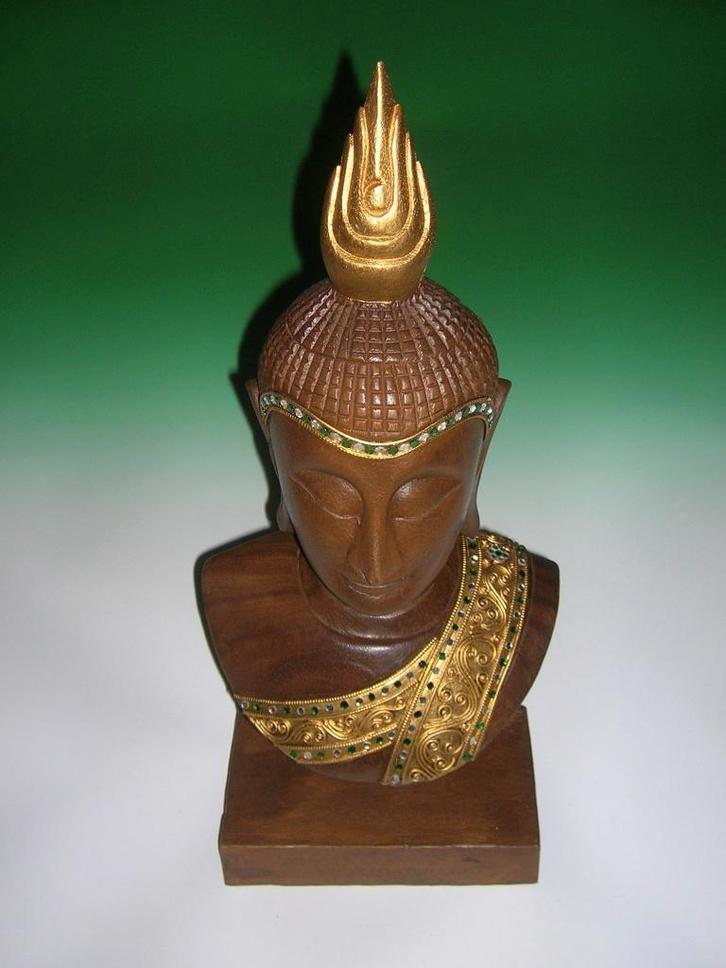 Beeld: Houten Boeddha hoofd op voet, Huis en Inrichting, Woonaccessoires | Boeddhabeelden, Nieuw, Ophalen of Verzenden